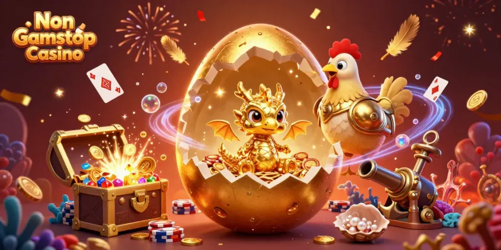 Engage with the Non Gamstop Casino experience featuring a golden dragon on poker chips amidst vibrant celebrations.