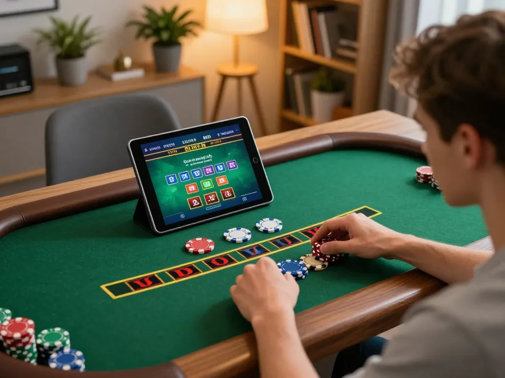 Player enjoying online gambling at home using digitalwala for blackjack strategy and betting.