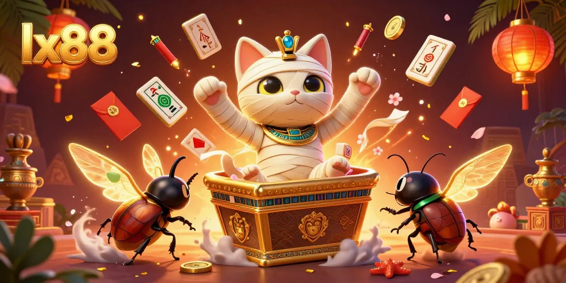 Engage in gameplay at lx88 with a vibrant 3D scene featuring a mummy cat and casino elements.