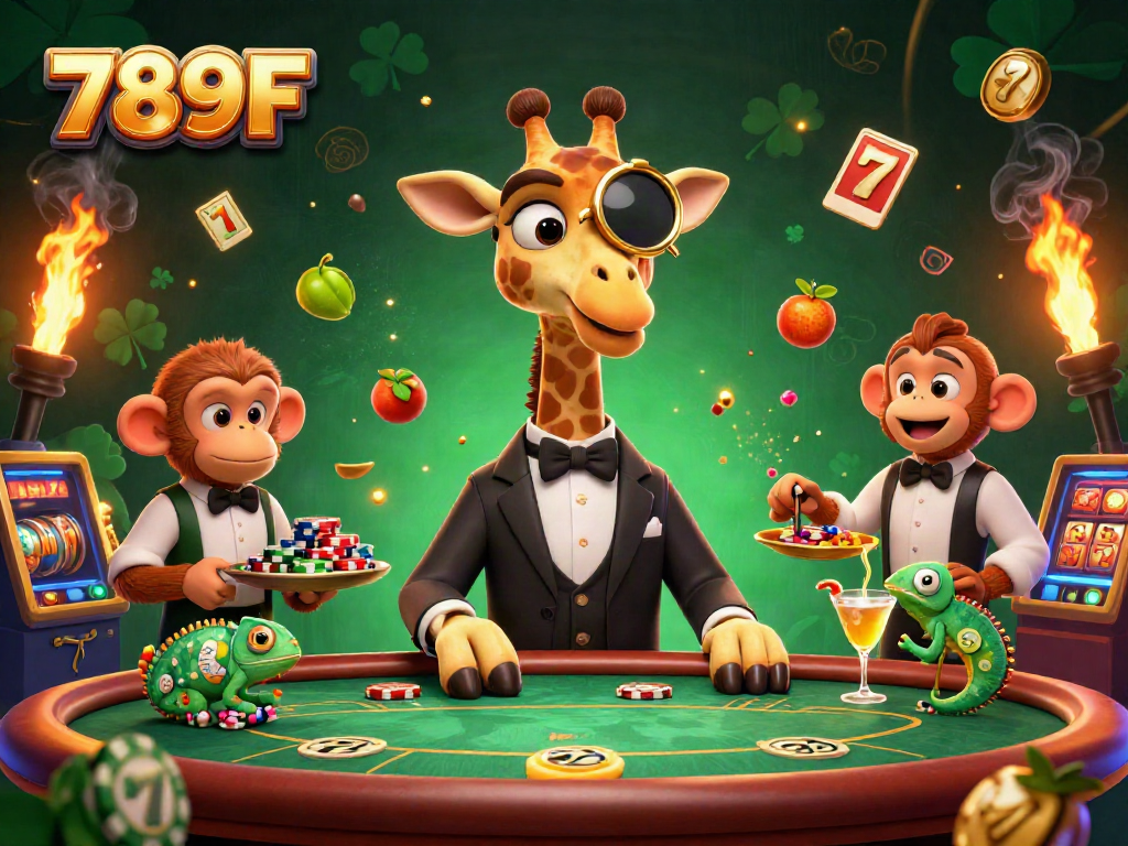 Experience thrilling gaming action with 789F as a lavish giraffe deals poker at a vibrant casino table.