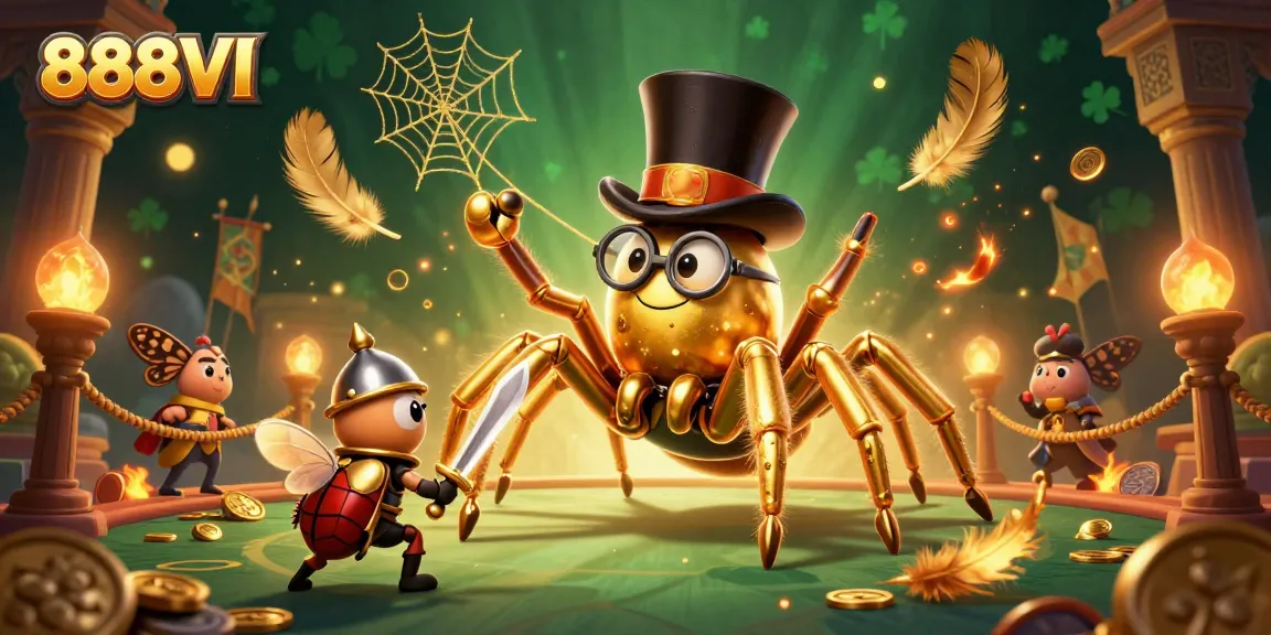 Engage with 888VI's thrilling world of gambling featuring a giant tarantula weaving golden threads.