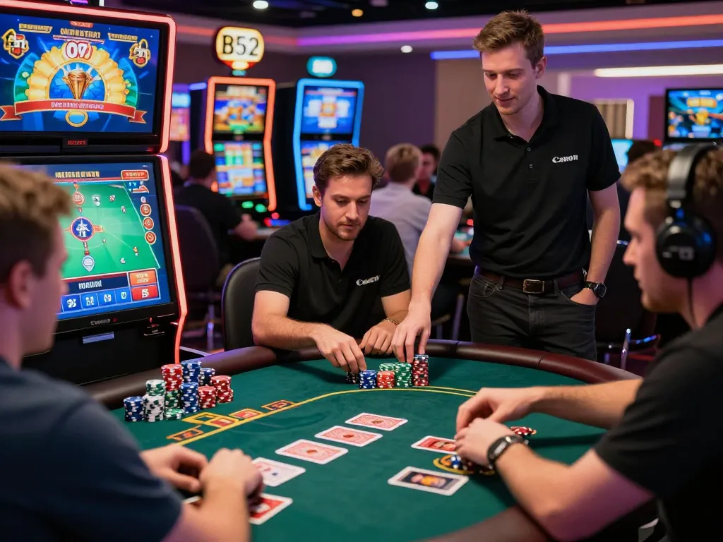 Players enjoying B52 casino games with vibrant lights and engaging dealers creating an exciting atmosphere.