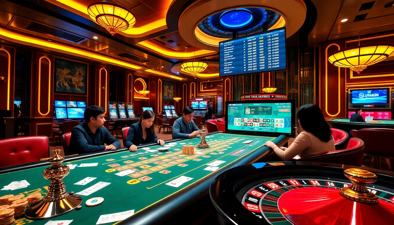 Lô đề Sunwin players engaged at a vibrant casino table with colorful betting slips.