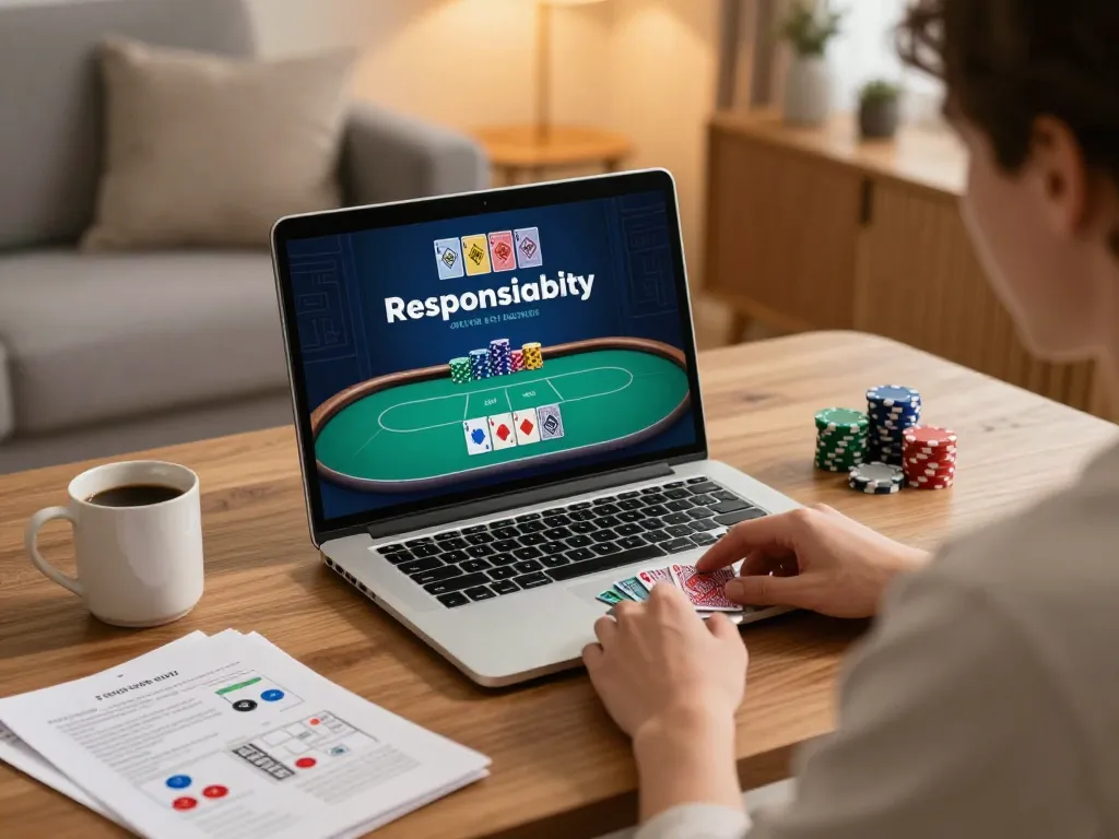 Engaged player using okfun platform for online poker in a cozy home setting