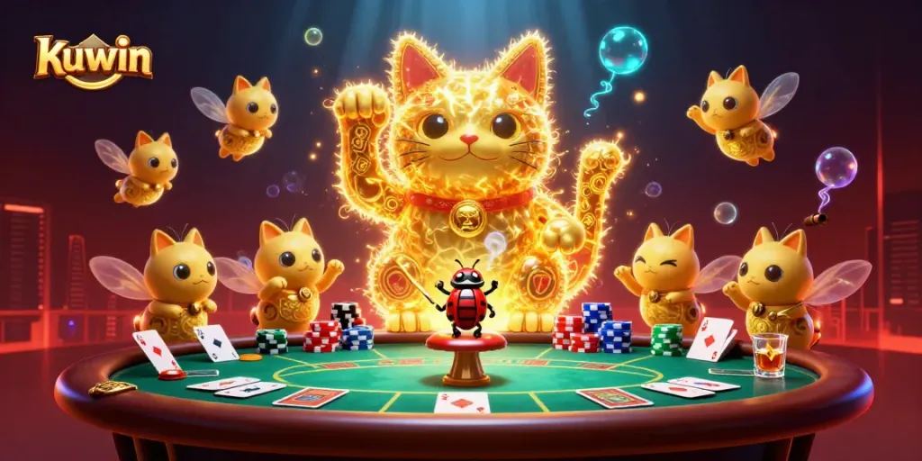 Experience the thrilling kuwin gameplay with a dynamic lucky cat and casino symbols.