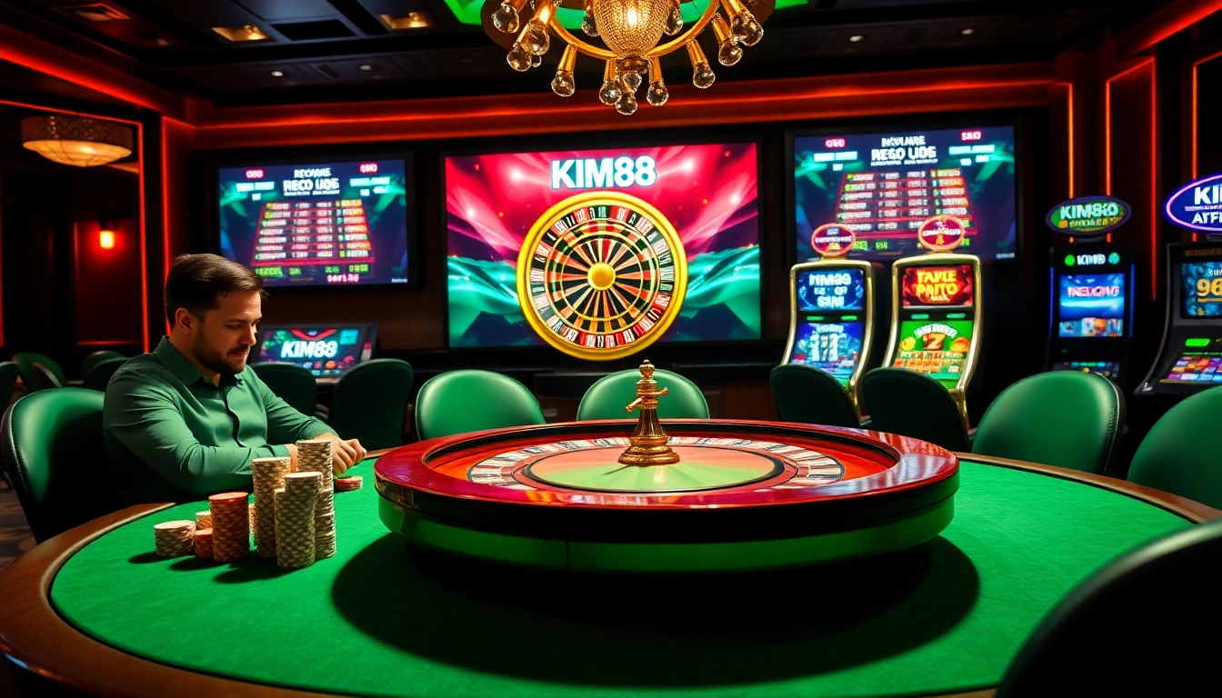 A vibrant casino environment showcasing the kim88 club with poker tables, chips, and a spinning roulette wheel, highlighting thrill and elegance.