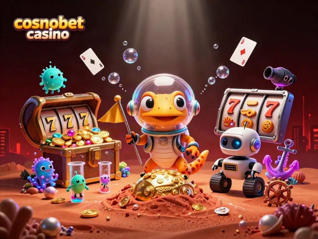Experience the excitement of cosmobet casino with a Martian gecko discovering treasures in a lively 3D scene.