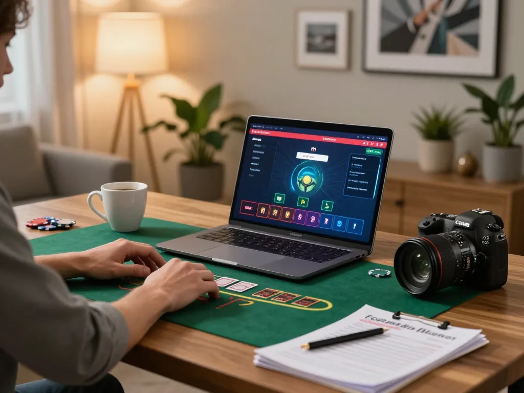 Player engaging in live dealer blackjack on alc88 platform at home with strategic notes and warm lighting.
