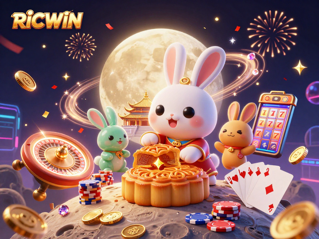 RICWIN celebrates luck with a rabbit creating poker chip mooncakes in a festive casino scene.