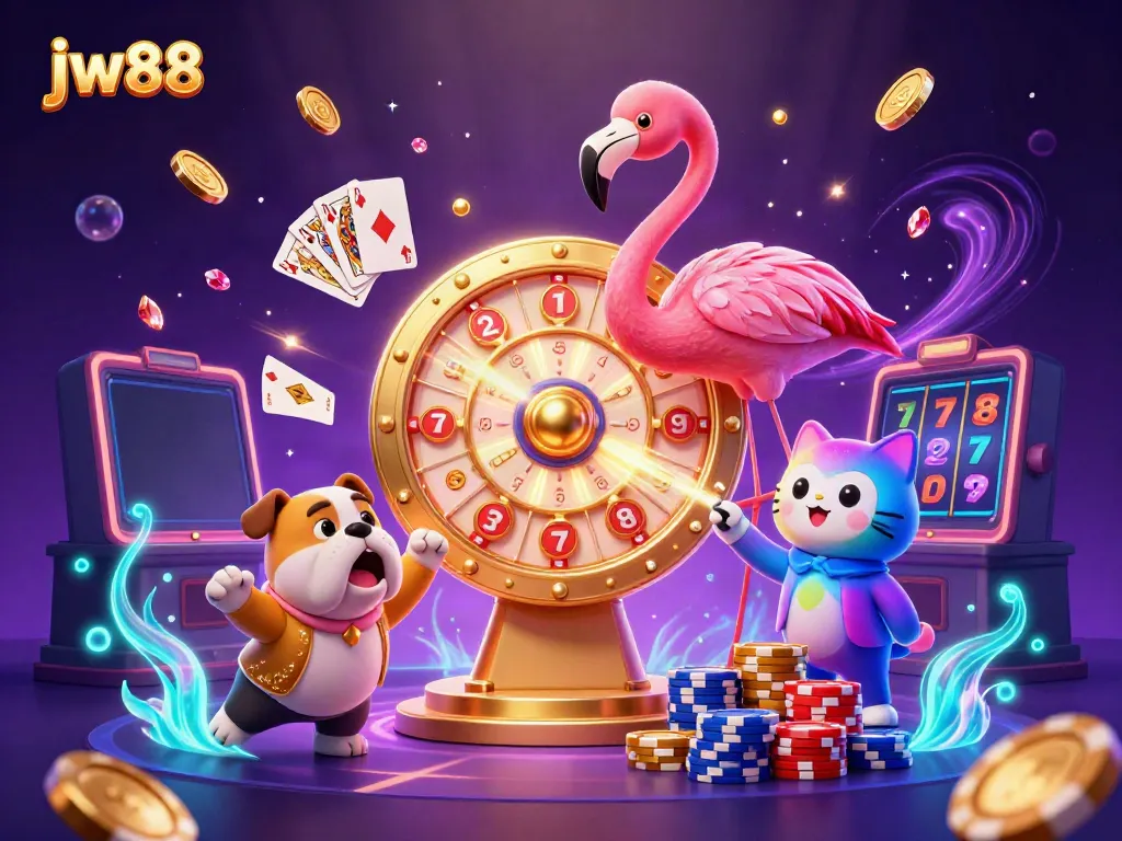 Experience thrilling wins with jw88 in this vibrant casino scene featuring animated characters and dazzling game elements.