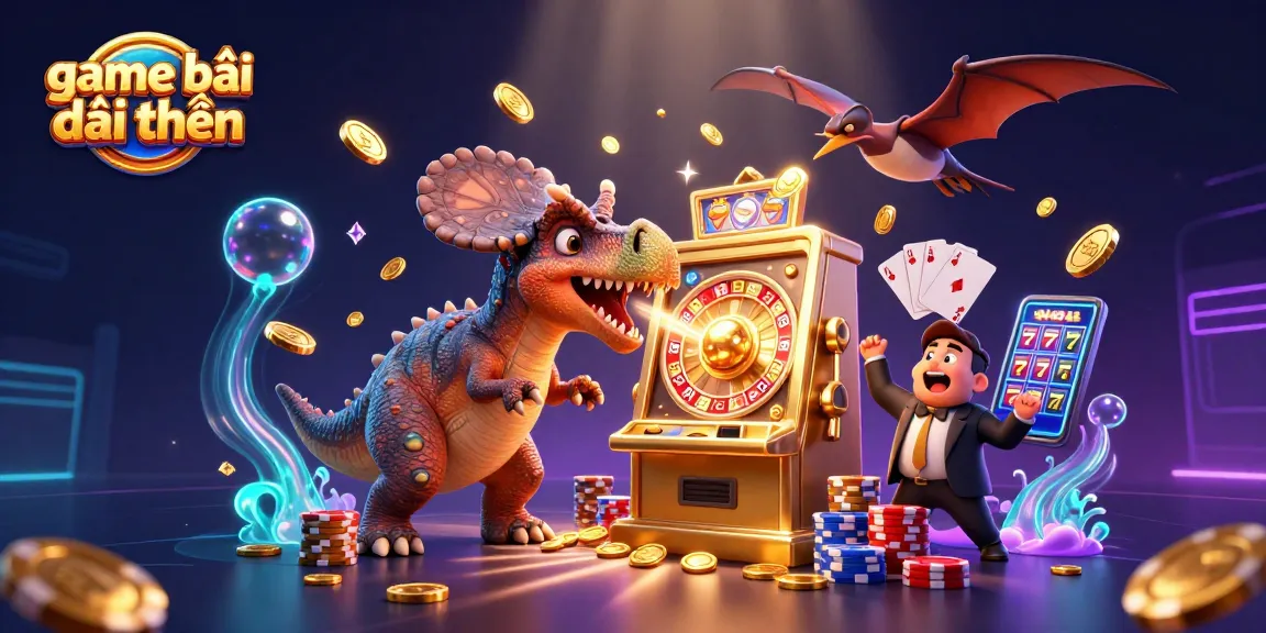 Experience game bài đổi thưởng excitement as a dinosaur hits a slot machine for jackpot coins, with colorful casino elements.