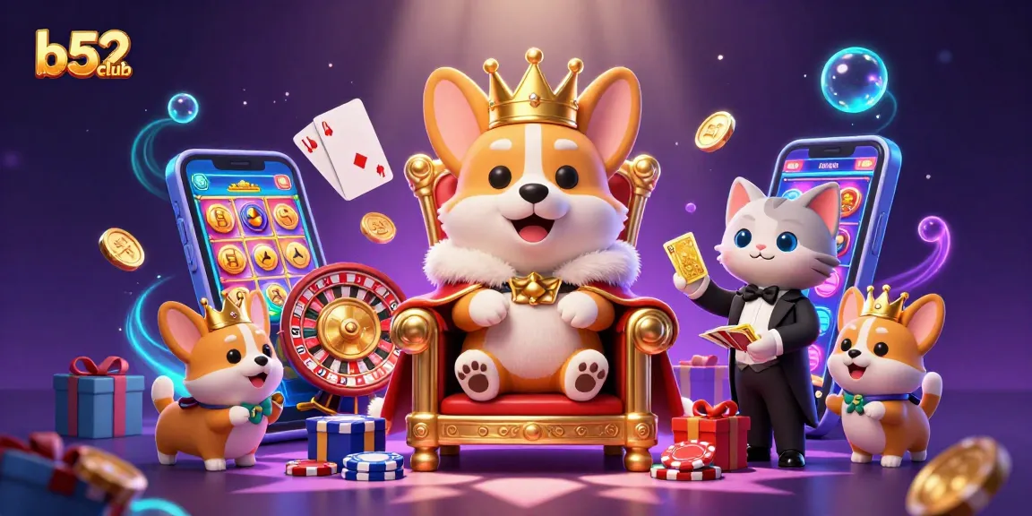 Experience the excitement of b52club as royal corgis celebrate winnings amid vibrant casino elements.