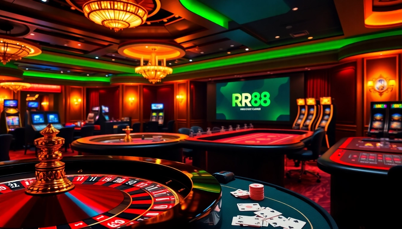 Experience the excitement of RR88 with vibrant casino tables and glowing roulette wheels in a luxurious setting.