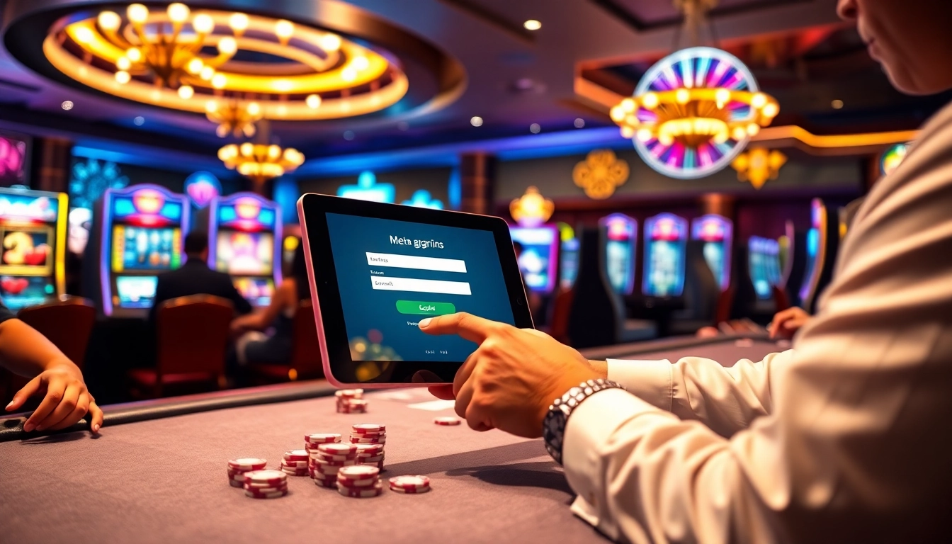 Experience seamless লগইন at a luxury casino, engaging with poker tables and slot machines.