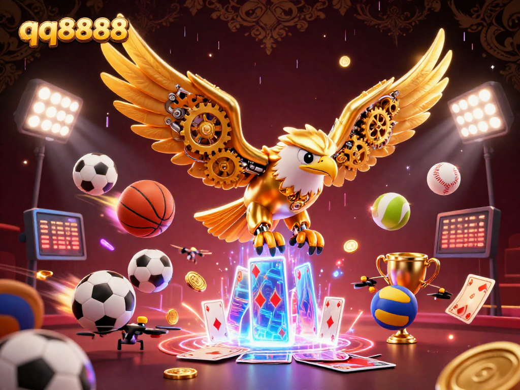 Engage with qq8888's vibrant casino experience featuring a golden eagle amidst flying sports elements.
