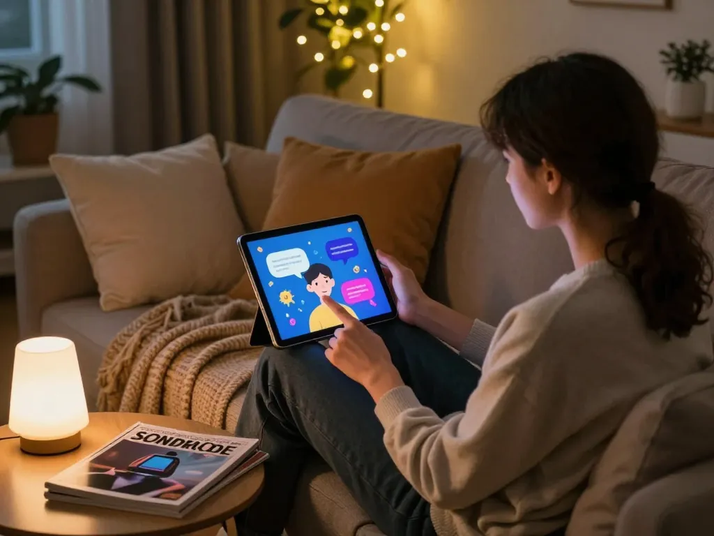 Interactive scene showcasing ai porn chat on a tablet with an engaging avatar in a cozy setting.