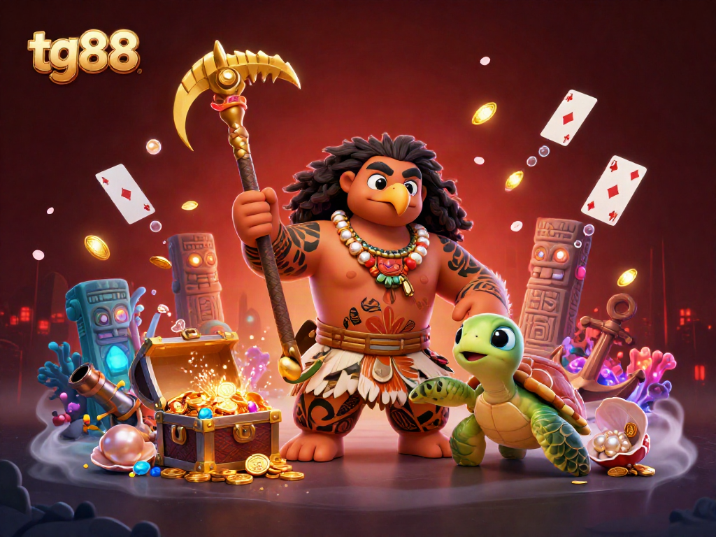 Experience the vibrant tg88 gaming world with a Polynesian demigod and treasures flying around.