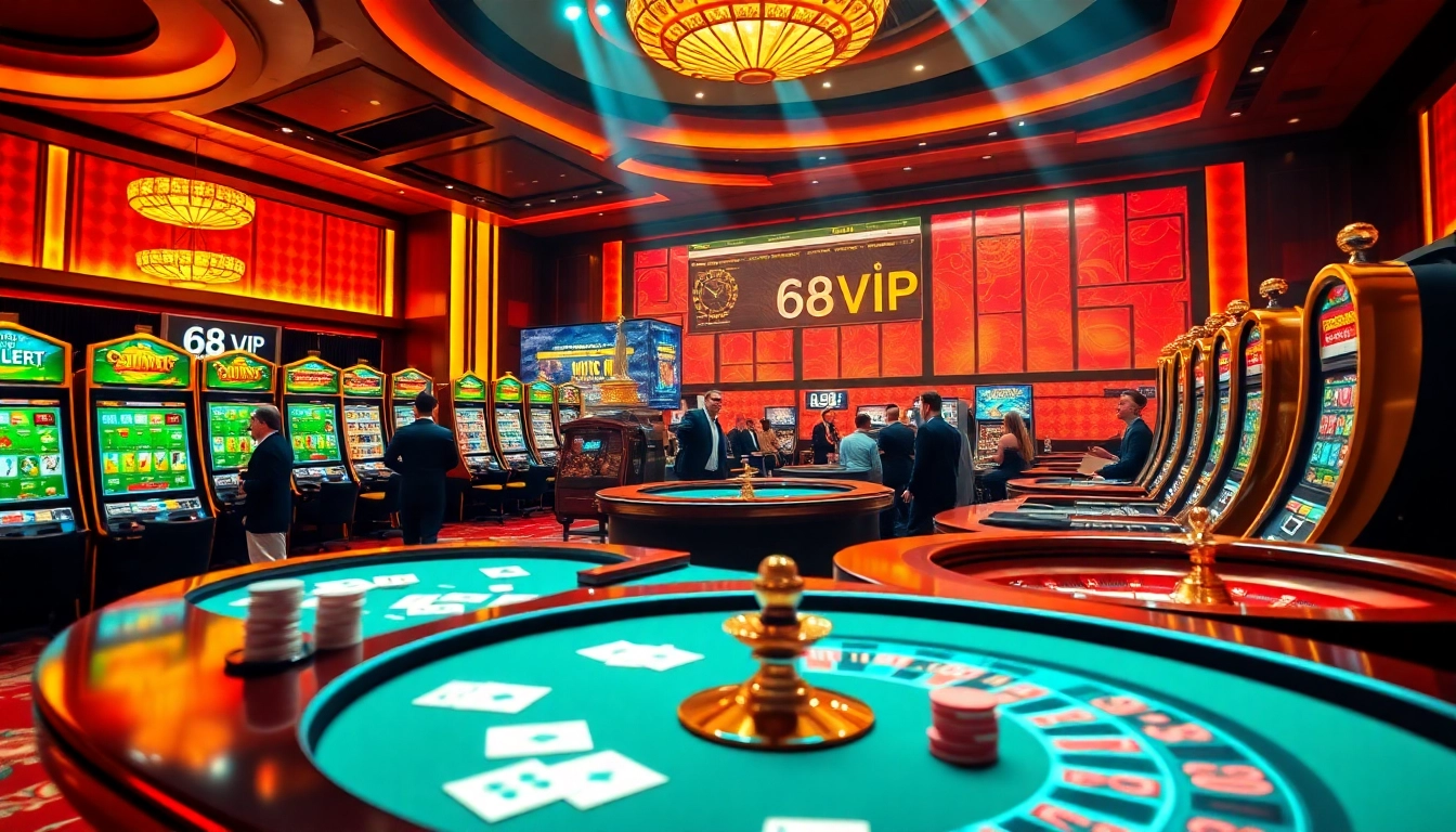 Gamblers celebrating wins at 68VIP, showcasing an exciting casino atmosphere with colorful slot machines and elegant gaming tables.