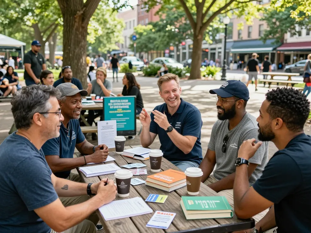 A supportive group of men discussing wellness and mental health at a ManClub gathering in a park.