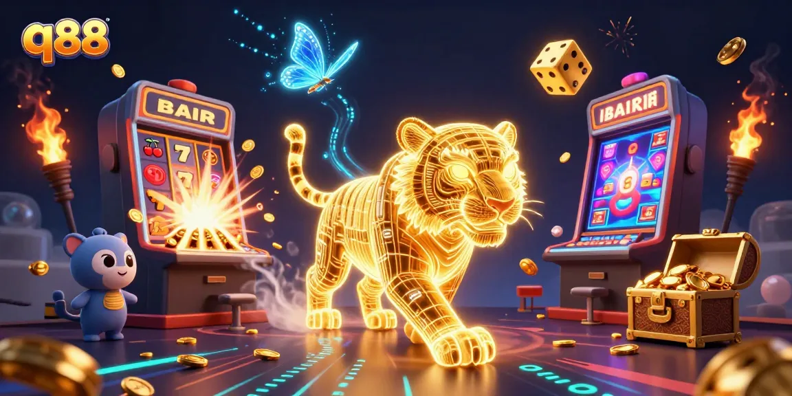 Experience the excitement of q88 casino with a dynamic scene showcasing vibrant slots and golden tiger.