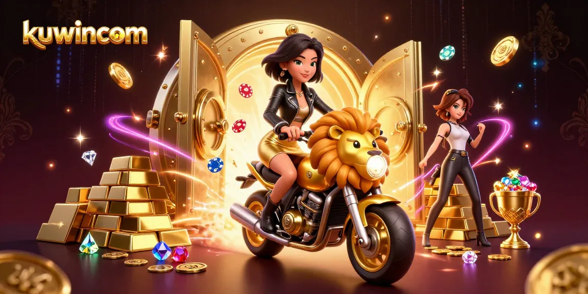 Join the excitement at kuwincom with interactive gaming adventures in a vibrant, casino-themed illustration.