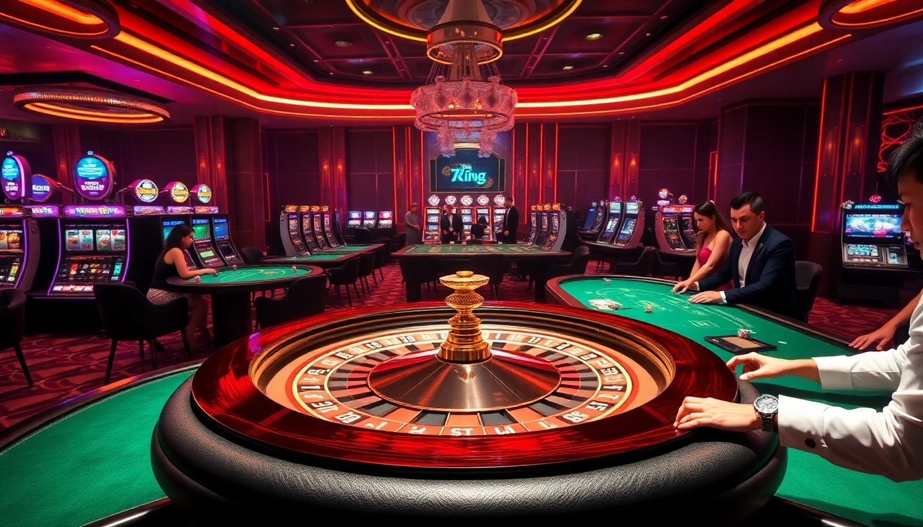 Excited players engaging in games at 79KING's luxurious casino, featuring roulette and slot machines.