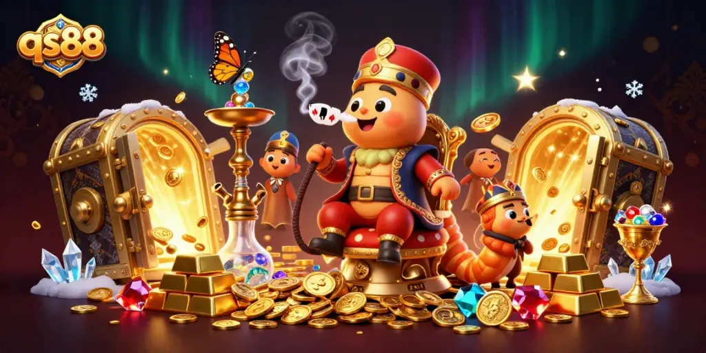 qs88 showcases an imaginative 3D casino scene featuring a hookah-master and riches, perfect for online gaming.