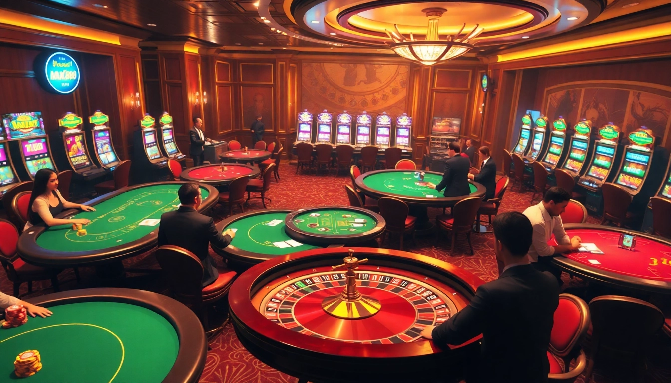 Engage in thrilling gameplay at nhà cái max88 with poker tables and slot machines in a luxurious casino setting.