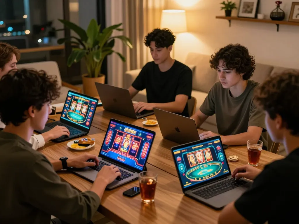 Exciting online gambling experience with players engaged in rikbet casino games on laptops.
