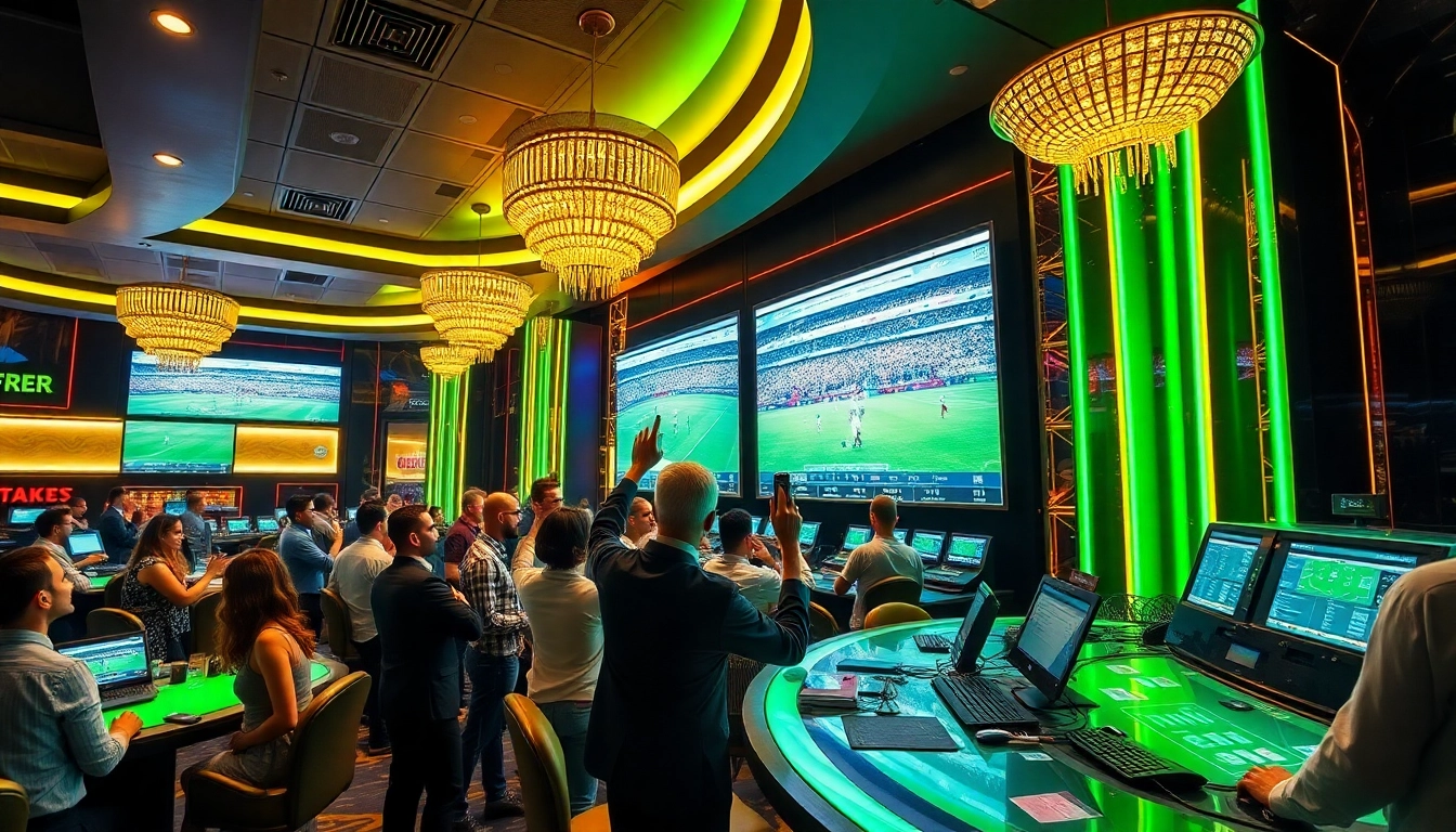 Place bets on kèo nhà cái 5 at a vibrant sports betting counter surrounded by enthusiastic patrons.