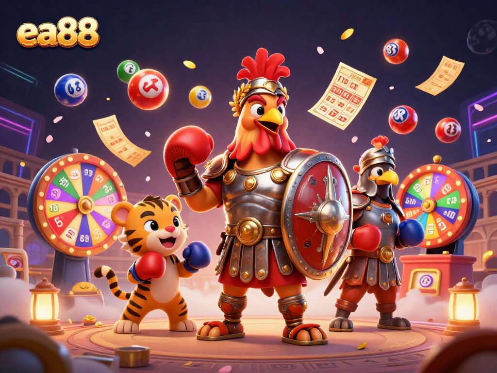 Experience thrilling gaming action at ea88 with colorful lottery balls and engaging characters in a dynamic casino scene.