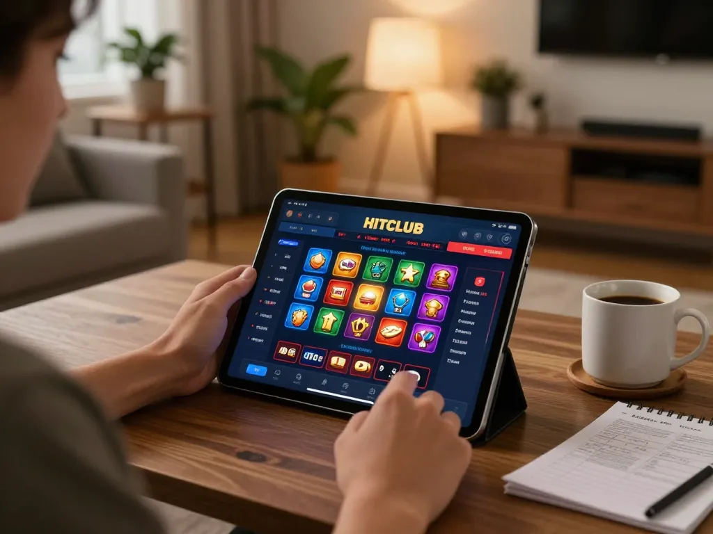Engaging gameplay on the HITCLUB app in a cozy home setting, showcasing online casino strategy.