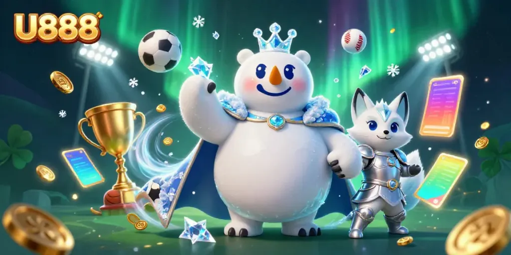 U888's dynamic casino scene showcasing a polar bear and snow fox amidst a lively atmosphere of sports betting.