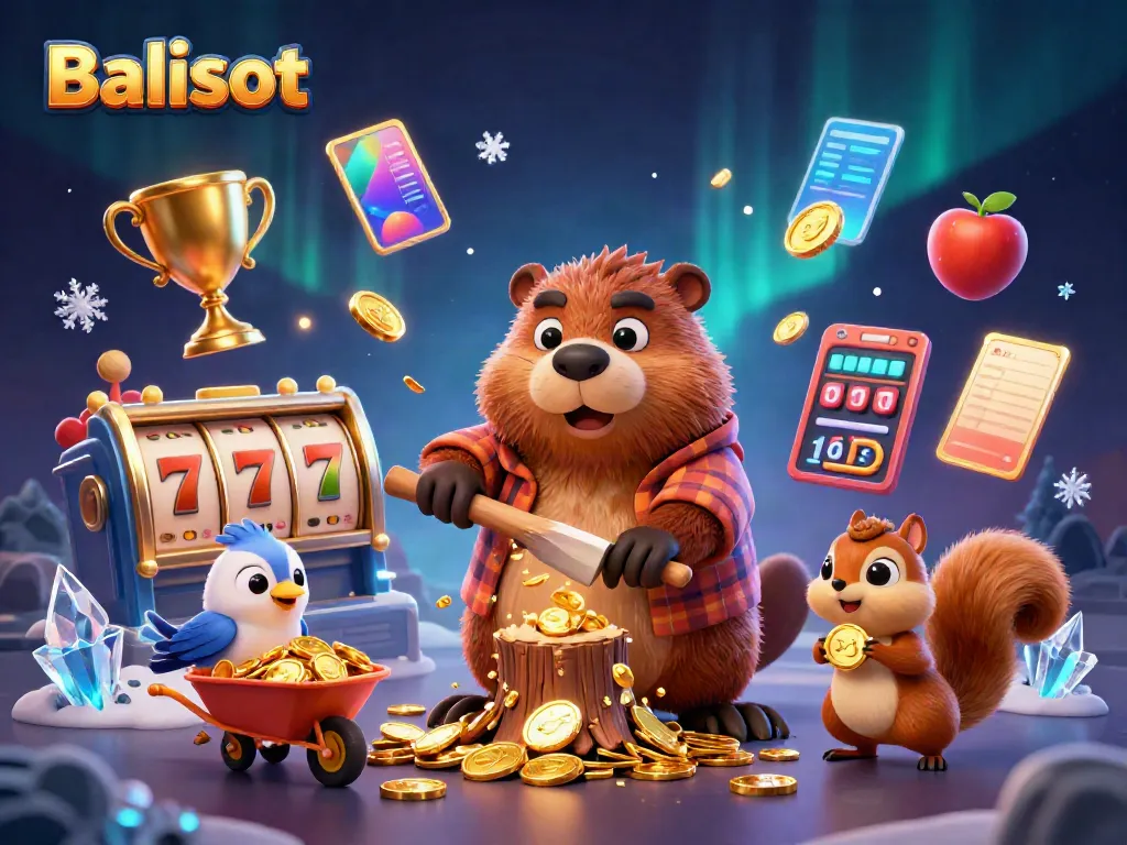 Play Balislot with a vibrant scene of a beaver collecting golden coins in a casino