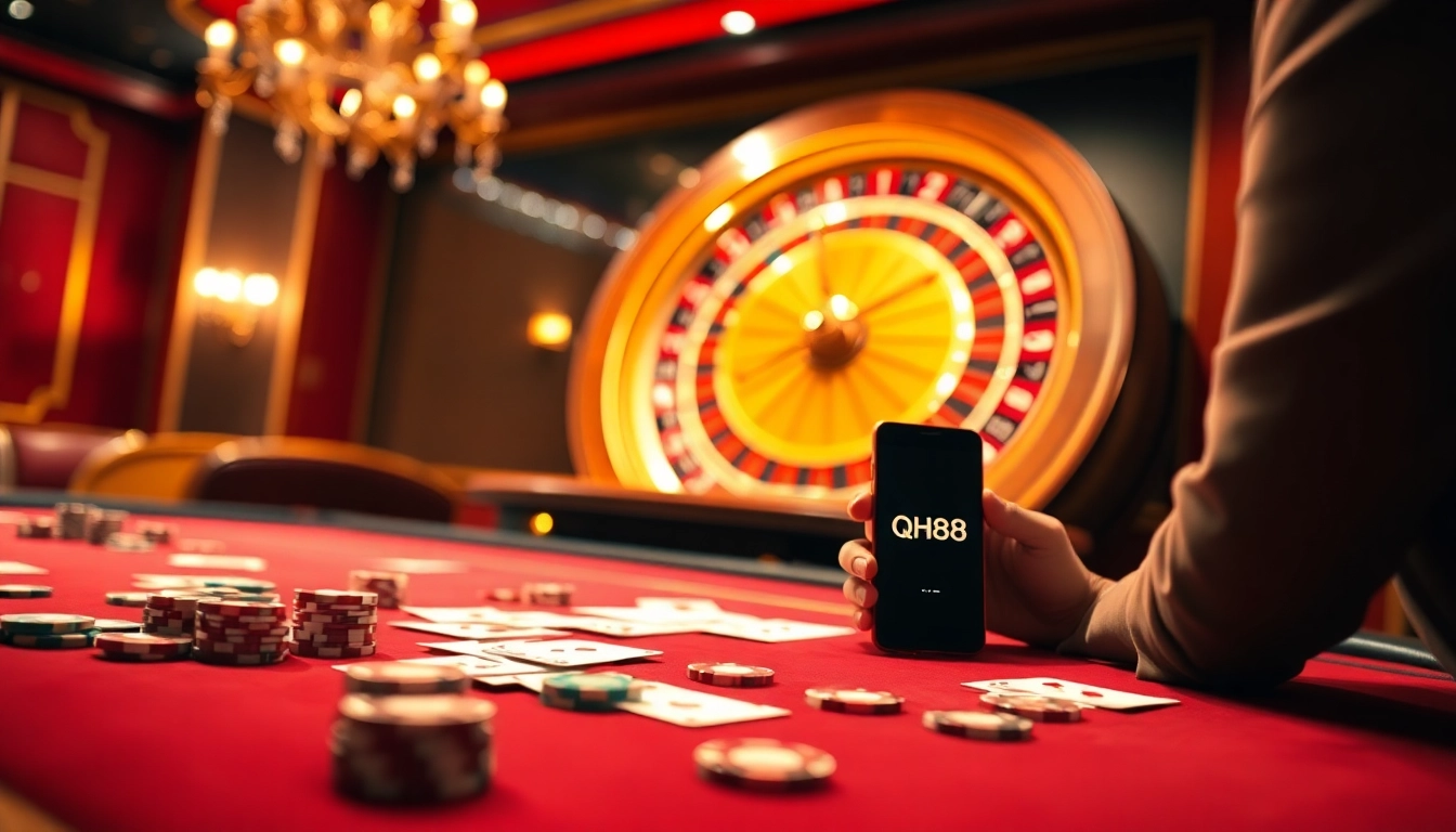 Experience excitement at the qh88 casino table with poker chips and a roulette wheel.