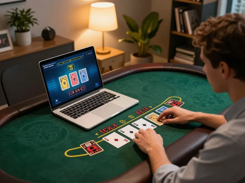 Bayvip player strategizing during an online blackjack game at home, showcasing digital table and cozy setup.