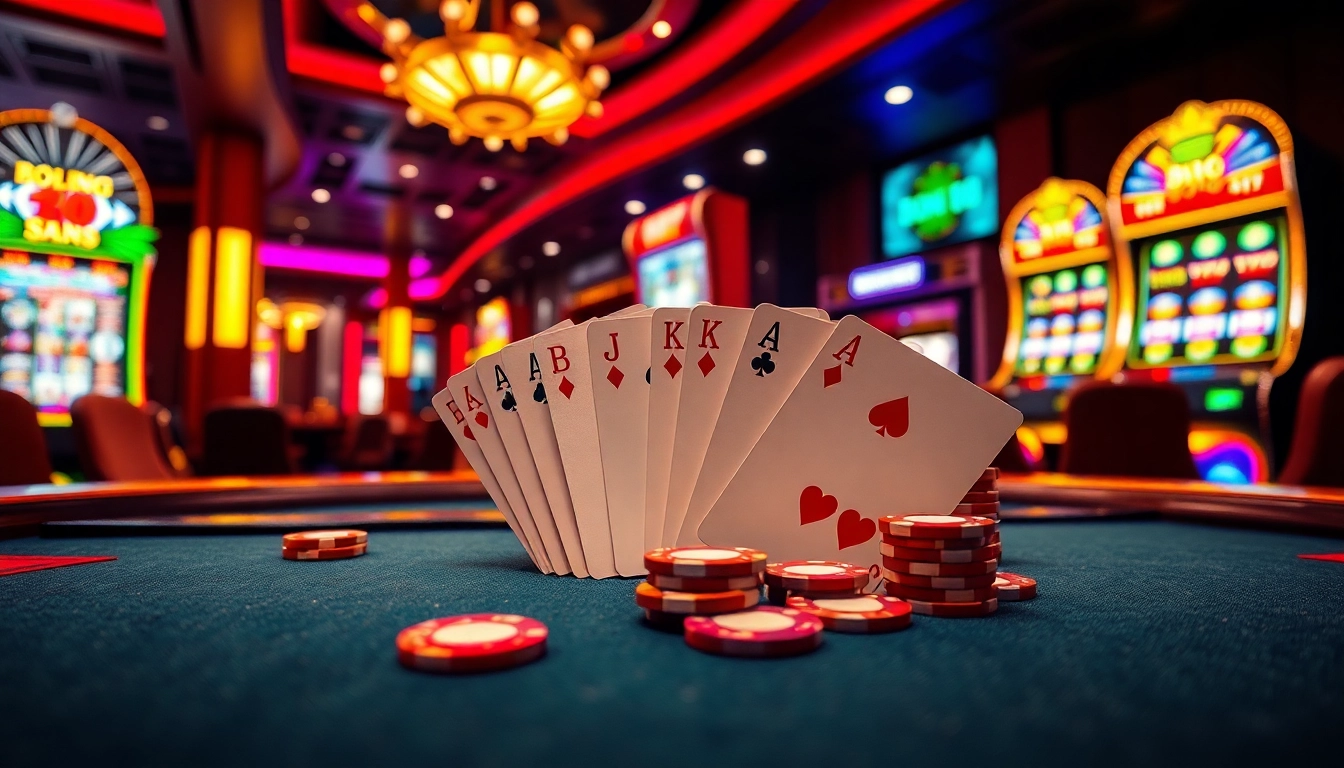 Bong 88 casino scene with poker chips, cards, and a luxurious slot machine inviting players to win.