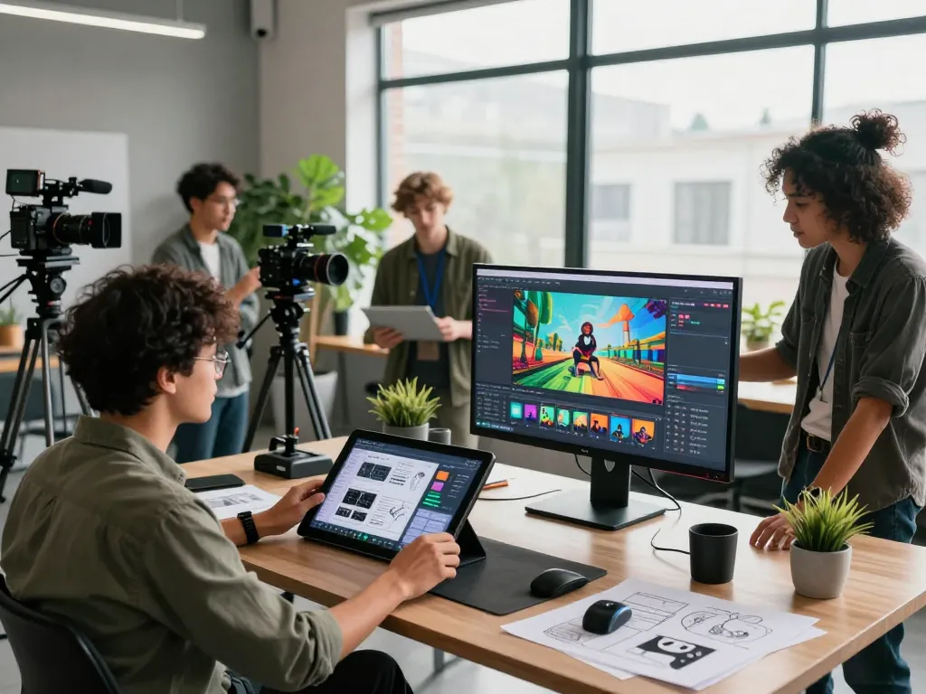 Creative professionals utilizing ai seedance 2.0 in a vibrant video production studio.