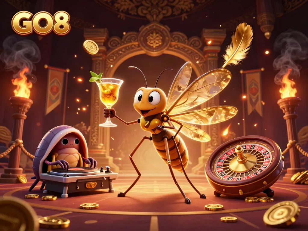 Experience the excitement of GO8 with a vivid casino-themed 3D illustration showcasing unique characters.