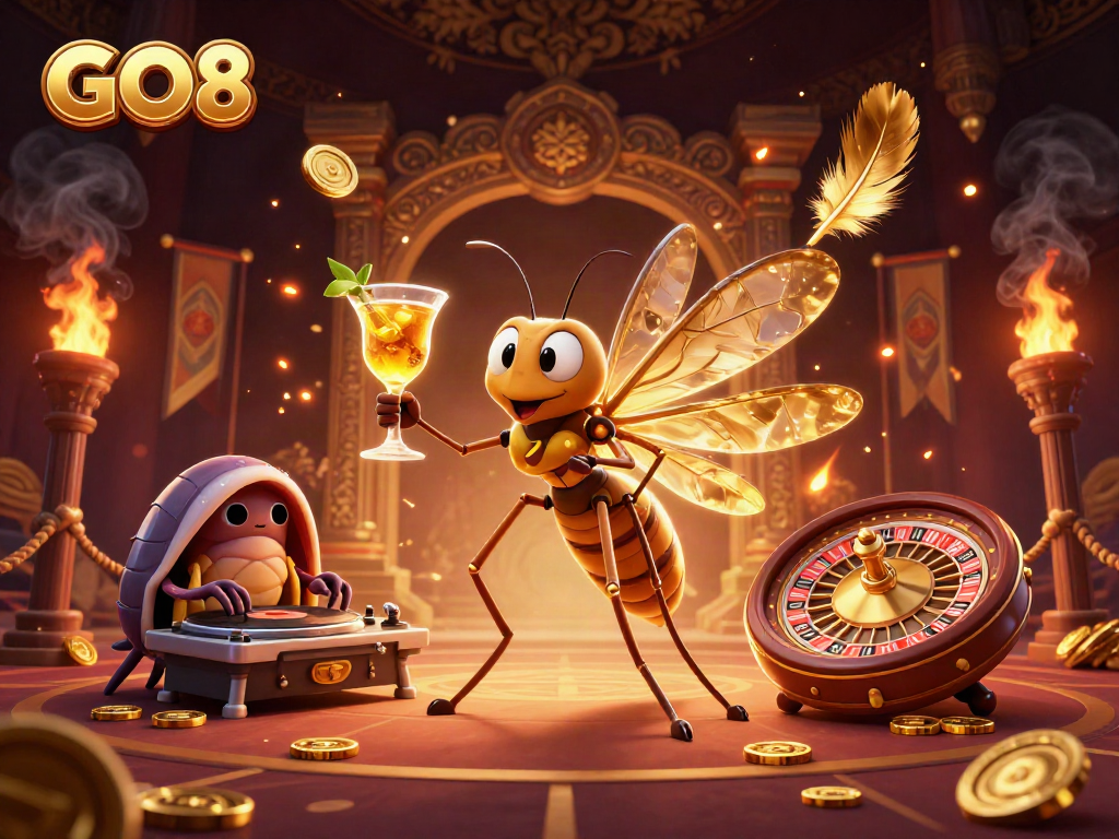 Experience the excitement of GO8 with a vivid casino-themed 3D illustration showcasing unique characters.