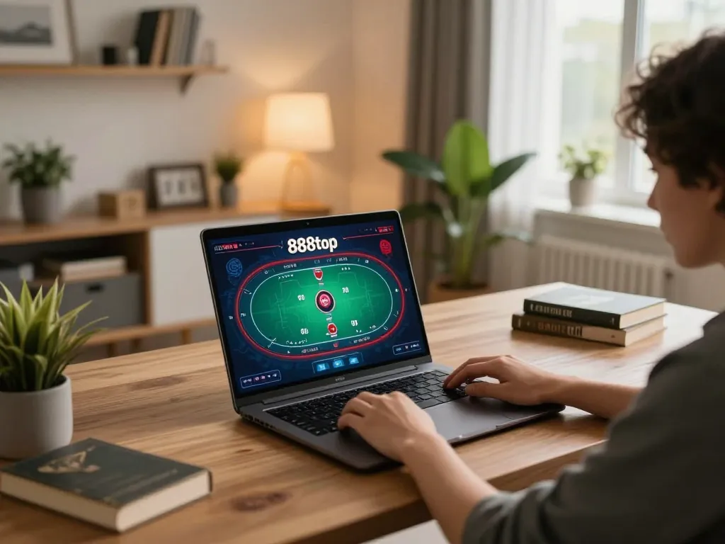 Engaging in an online poker game on 888top from a cozy home office setup.