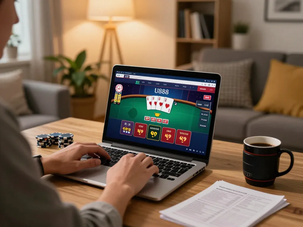 Engaging in U888 online gaming, a player strategizes with lively poker interface on their laptop at home.