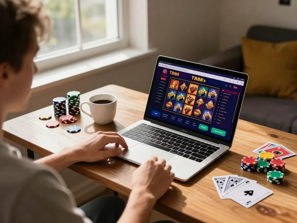 Engaging in TR88 online slots gaming with vibrant atmosphere and cozy desk setup