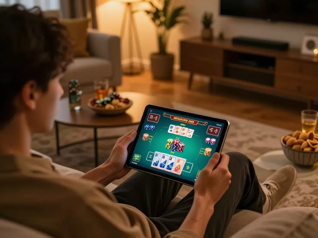 xóc đĩa online gameplay on a tablet in a cozy home setting with warm lighting