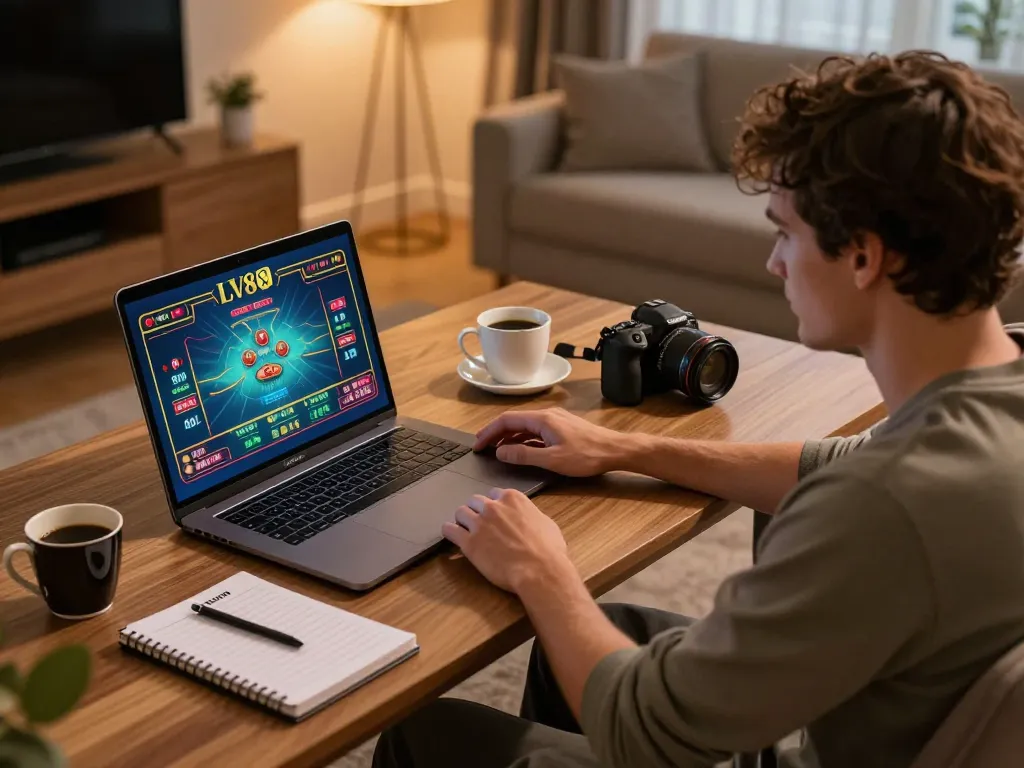 Player engaging with a live dealer game at home on LV88, showcasing a strategic online gambling experience.