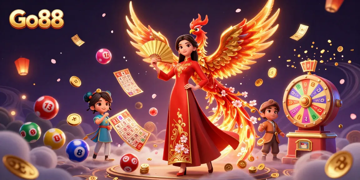 Experience the thrill of Go88 with a vibrant gaming scene featuring a Vietnamese woman, phoenix, and lottery elements.