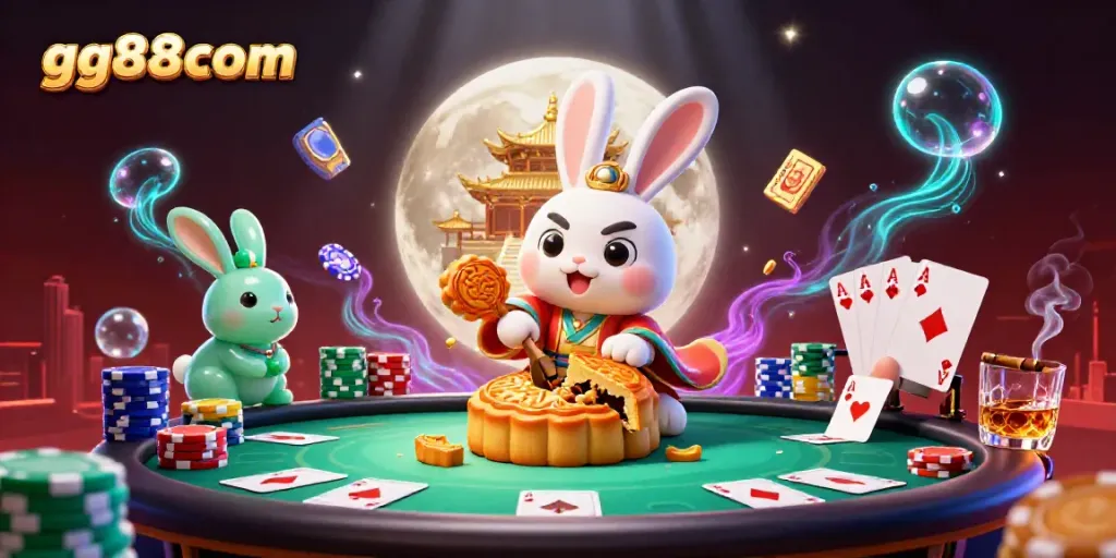 Engage with gg88com's thrilling casino experience featuring a moon rabbit and poker elements.