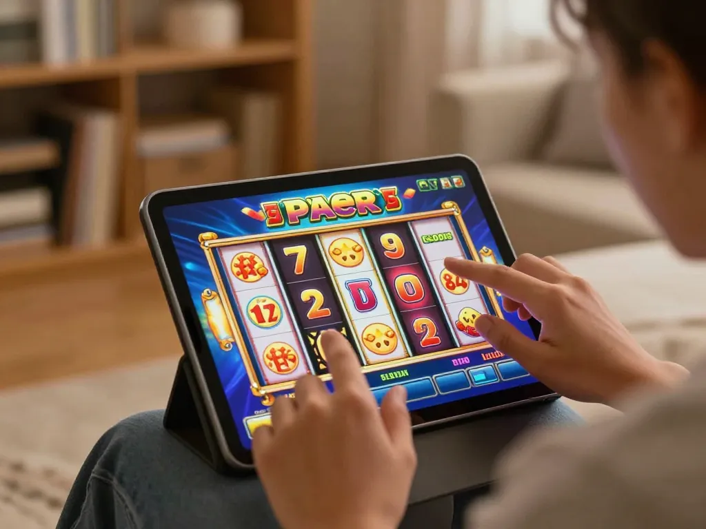 Engaging scene of slot gacor game being played on a tablet, showcasing vibrant reels and a cozy setting.