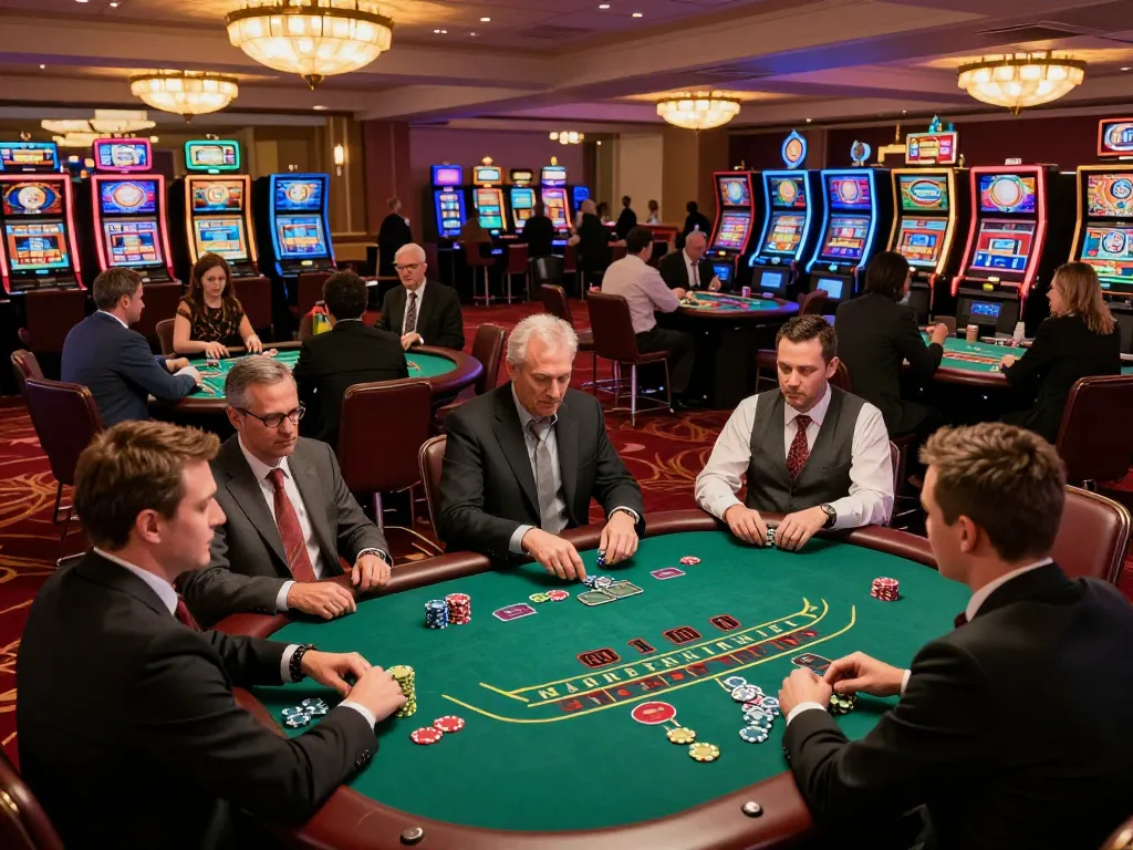 Players intensely strategizing in a vibrant casino setting with DU88 blackjack tables.
