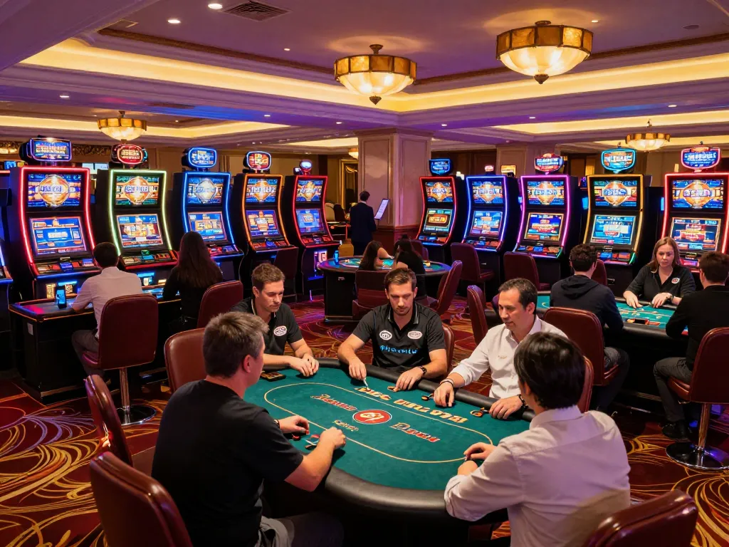 Players enjoying casino games at luck8com, illuminated slot machines in a vibrant setting.